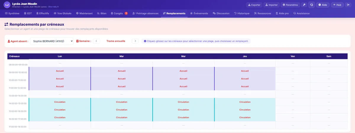 Onglet Remplacements du module AED d’illico-edu pour un lycée fictif : sélection de l’agent absent, de la semaine, et grille du lundi au samedi montrant ses créneaux Accueil le matin et Circulation l’après-midi.
