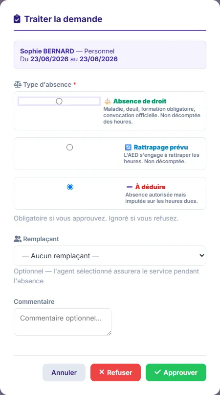 Fenêtre « Traiter la demande » du module AED d’illico-edu pour une agente fictive : choix du type d’absence (absence de droit, rattrapage prévu, à déduire), remplaçant facultatif, commentaire, boutons Refuser et Approuver.